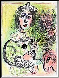 Marc Chagall: 'Blumengeschm�ckter Clown' 1963 Verliebter Zirkusclown mit Blumenstrau� | Original-Lithographien