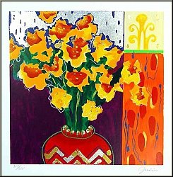 Liz Jardine: 'Firecracker' (Feuerwerk) Blumenstrau� mit Vase, Osterglocken und Narzissen, Serigraphie - Werke