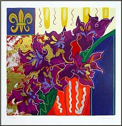 Liz Jardine: Lila Blumenstrauß 'Firecracker' Serigraphie, handsigniert, violette Blüten in Vase, Liliensymbol