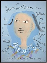 Jean Cocteau: Plakat 'Jean Cocteau chez Lucie Weill' 1955, Galerie du Pont des Arts, Harlekin blau | Mourlot