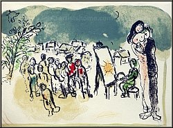 Marc Chagall: Original-Lithographie 'Hommage � Julien Cain' Liebespaar und Maler 1968 - Werke | Originaldrucke