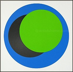 Genevi�ve Claisse: Signierter Siebdruck 'Cercles' Kreise in Gr�n, Blau und Schwarz auf Wei� 1967, signiert