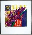 Liz Jardine: Lila Blumenstrau� 'Firecracker' Serigraphie, handsigniert, violette Bl�ten in Vase, Liliensymbol